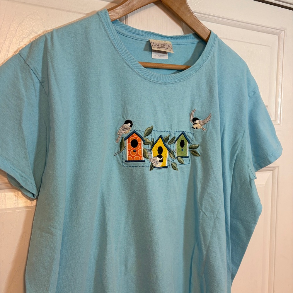 Top Stitch Blue Birdhouse Embroidered Cotton T-Shirt 2X Womens Grandma Cottage